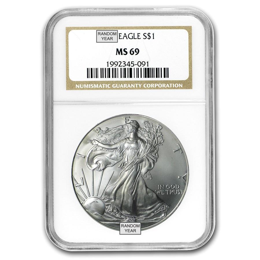 1986-Current Silver Eagle MS-69 NGC/PCGS (Random Year,: 1986-Current Silver Eagle MS-69 NGC/PCGS (Random Year, Spotted) Your winning item will match the quality of the product shown. Dates will be according to listing, may or may not vary.