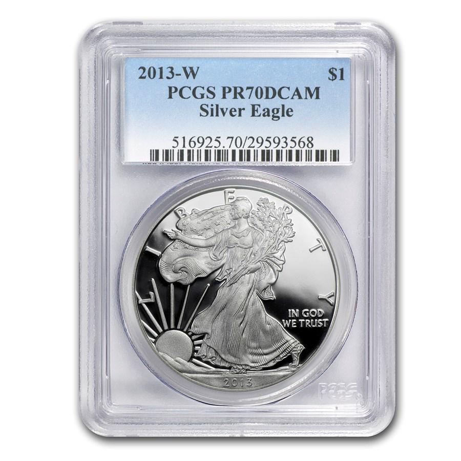2013-W Proof Silver American Eagle PR-70 PCGS: 2013-W Proof Silver American Eagle PR-70 PCGS Your winning item will match the quality of the product shown. Dates will be according to listing, may or may not vary.