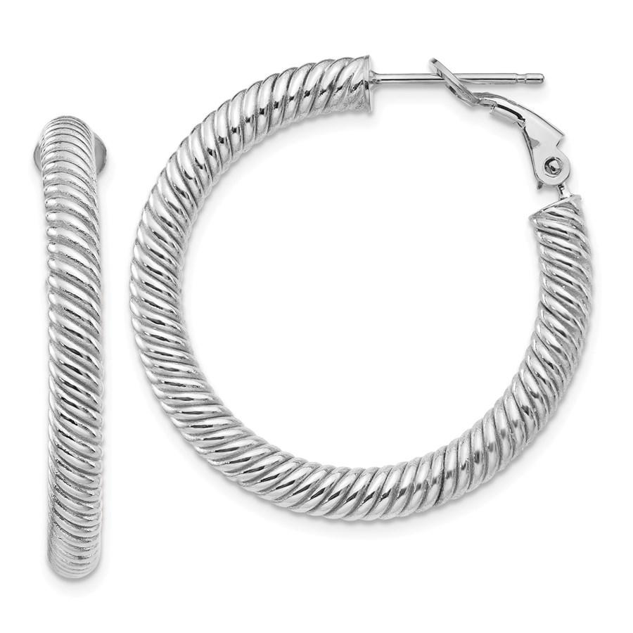 14k White Gold Twisted Round Omega Back Hoop Earrings -: 14k White Gold Twisted Round Omega Back Hoop Earrings - 25 mm Your winning item will match the quality of the product shown. Dates will be according to listing, may or may not vary.