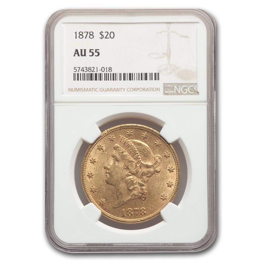 1878 $20 Liberty Gold Double Eagle AU-55 NGC: 1878 $20 Liberty Gold Double Eagle AU-55 NGC Your winning item will match the quality of the product shown. Dates will be according to listing, may or may not vary.