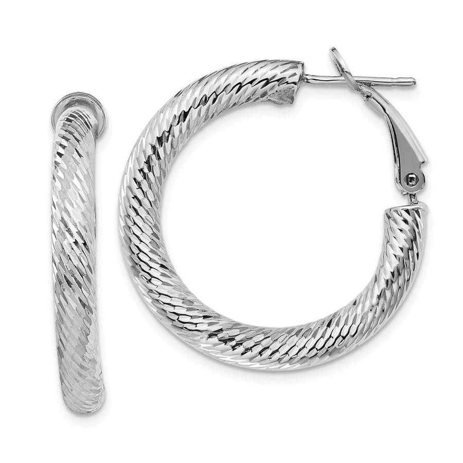 14k White Gold Diamond-cut Omega Back Hoop Earrings -: 14k White Gold Diamond-cut Omega Back Hoop Earrings - 4x20 mm Your winning item will match the quality of the product shown. Dates will be according to listing, may or may not vary.