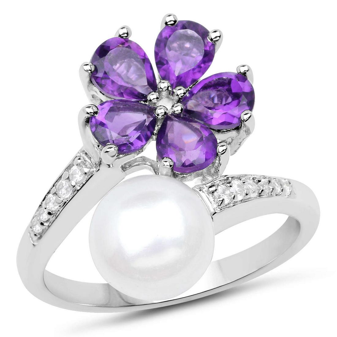 4.69 Carat Genuine Pearl, Amethyst and White Zircon: 4.69 Carat Genuine Pearl, Amethyst and White Zircon .925 Sterling Silver Ring - SKU: RQR20878PEARLAWZ-SSR Manufacturer's Suggested Retail Price: $ 270.00 Mainstone: Pearl Round/8.00mm - 1/3.10 ctw Nat
