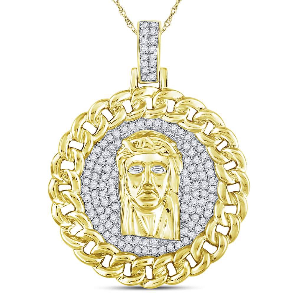 10kt Yellow Gold Mens Round Diamond Cuban Link Circle: 10kt Yellow Gold Mens Round Diamond Cuban Link Circle Jesus Face Pendant 1 Cttw Manufacturer's Ref. No.: 115361 Manufacturer's Suggested Retail Price: $ 4120.00