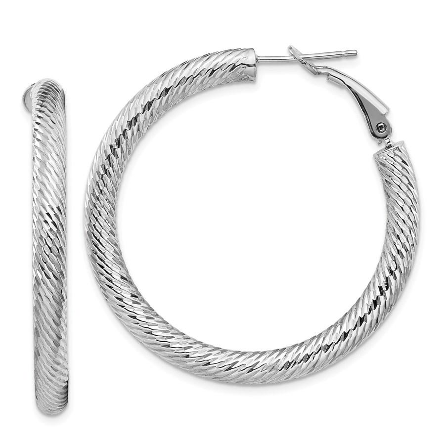 14k White Gold Diamond-cut Omega Back Hoop Earrings -: 14k White Gold Diamond-cut Omega Back Hoop Earrings - 4x30 mm Your winning item will match the quality of the product shown. Dates will be according to listing, may or may not vary.