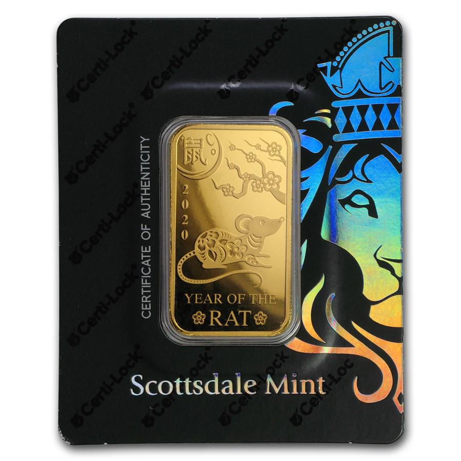 1 oz Gold Bar - Scottsdale Year of the Rat: 1 oz Gold Bar - Scottsdale Year of the Rat Certi-Lock®(In Assay) Your winning item will match the quality of the product shown. Dates will be according to listing, may or may not vary.
