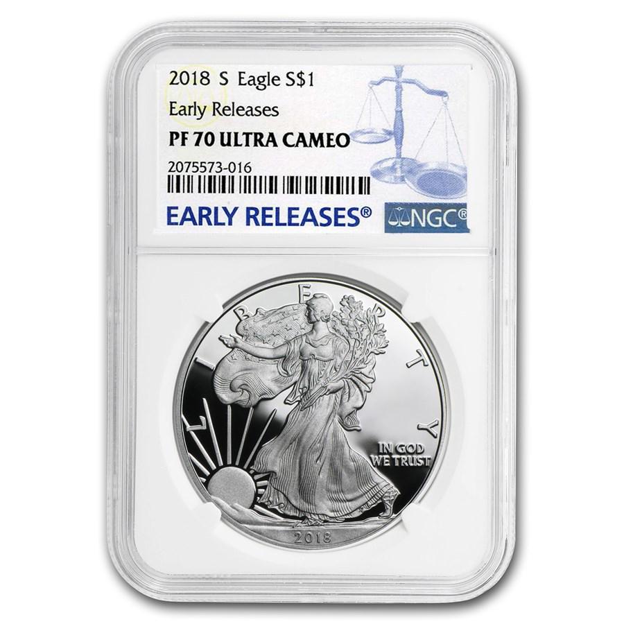2018-S Proof Silver American Eagle PF-70 NGC (Early: 2018-S Proof Silver American Eagle PF-70 NGC (Early Releases) Your winning item will match the quality of the product shown. Dates will be according to listing, may or may not vary.