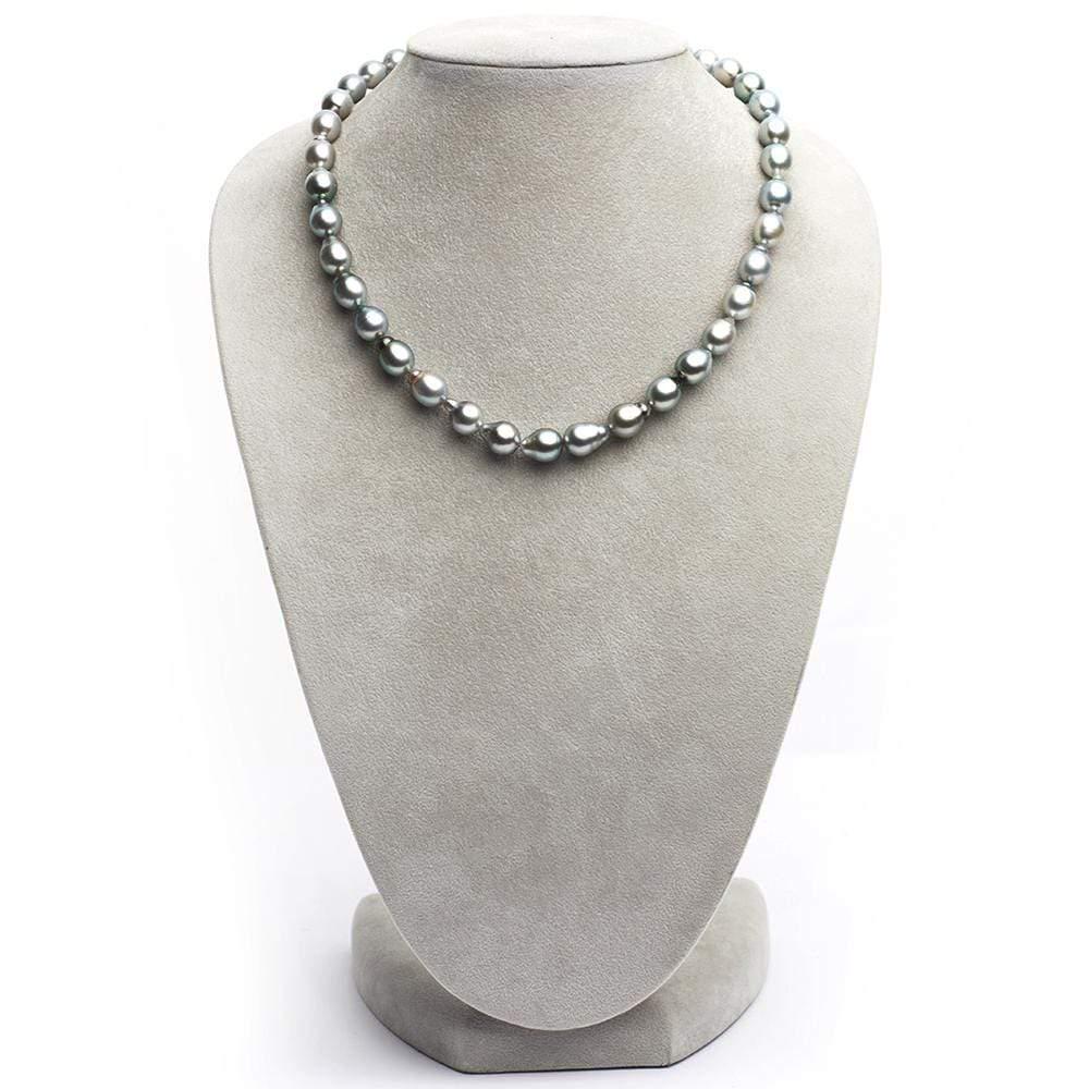 Strong Silver and Pale Aquamarine Tahitian Baroque: Strong Silver and Pale Aquamarine Tahitian Baroque Pearl Necklace, 18-Inch, 8.2-9.0mm, AA+ Quality 14kt White Gold Tiffany 'X'