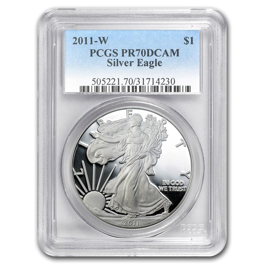 2011-W Proof Silver American Eagle PR-70 PCGS: 2011-W Proof Silver American Eagle PR-70 PCGS Your winning item will match the quality of the product shown. Dates will be according to listing, may or may not vary.