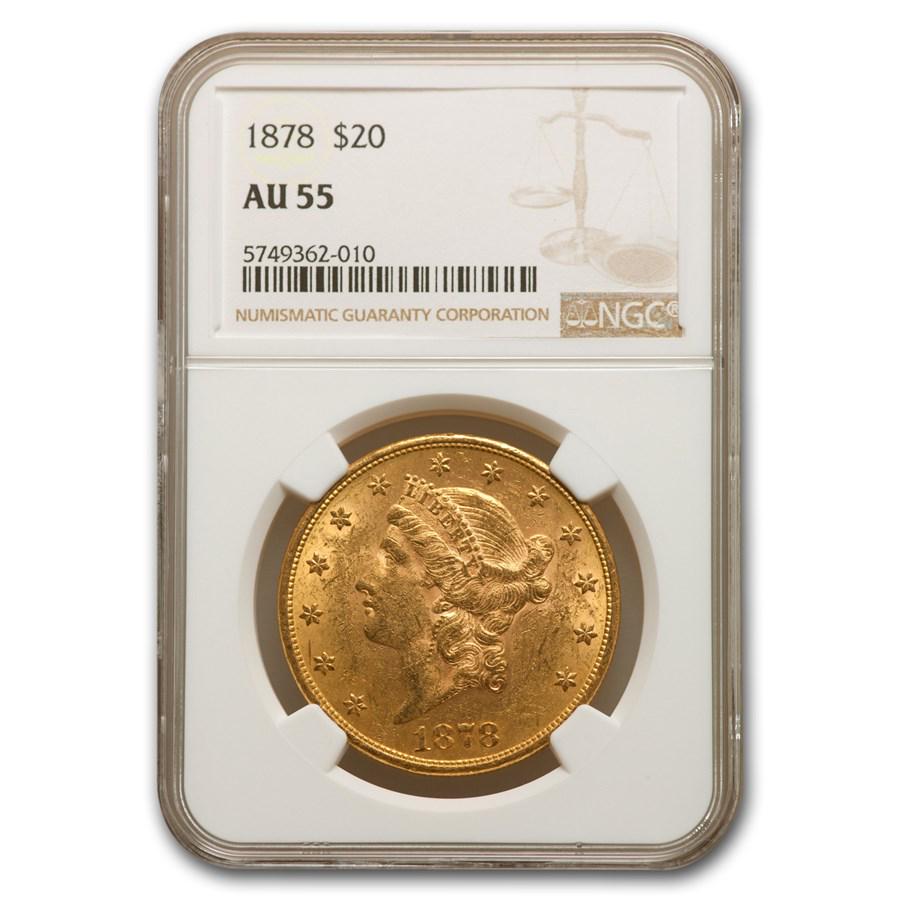 1878 $20 Liberty Gold Double Eagle AU-55 NGC: 1878 $20 Liberty Gold Double Eagle AU-55 NGC Your winning item will match the quality of the product shown. Dates will be according to listing, may or may not vary.