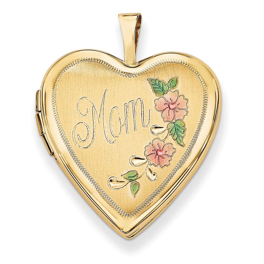 14k Yellow Gold Enamel Flowers Mom Heart Locket - 24 mm: 14k Yellow Gold Enamel Flowers Mom Heart Locket - 24 mm Your winning item will match the quality of the product shown. Dates will be according to listing, may or may not vary.
