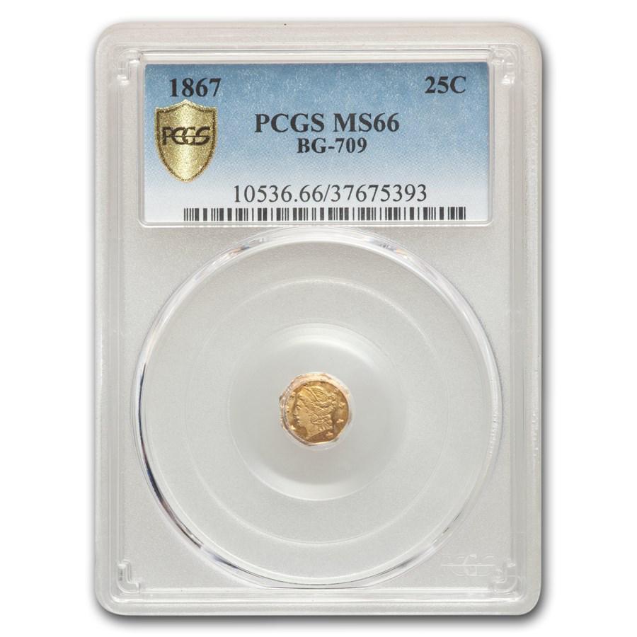 1867 Liberty Octagonal 25 Cent Gold MS-66 PCGS (BG-709): 1867 Liberty Octagonal 25 Cent Gold MS-66 PCGS (BG-709) Your winning item will match the quality of the product shown. Dates will be according to listing, may or may not vary.