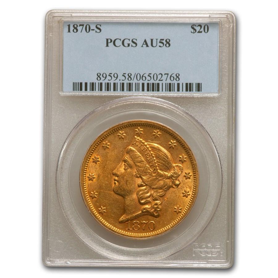 1870-S $20 Liberty Gold Double Eagle AU-58 PCGS: 1870-S $20 Liberty Gold Double Eagle AU-58 PCGS Your winning item will match the quality of the product shown. Dates will be according to listing, may or may not vary.