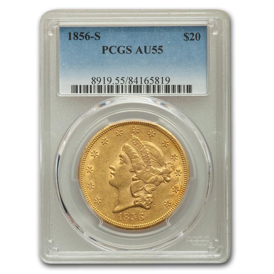 1856-S $20 Liberty Gold Double Eagle AU-55 PCGS: 1856-S $20 Liberty Gold Double Eagle AU-55 PCGS Your winning item will match the quality of the product shown. Dates will be according to listing, may or may not vary.