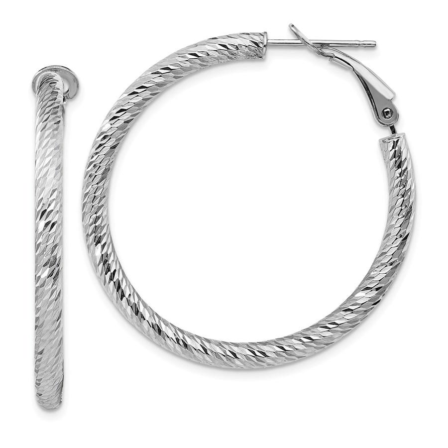 14k White Gold Diamond-cut Omega Back Hoop Earrings -: 14k White Gold Diamond-cut Omega Back Hoop Earrings - 3x30 mm Your winning item will match the quality of the product shown. Dates will be according to listing, may or may not vary.