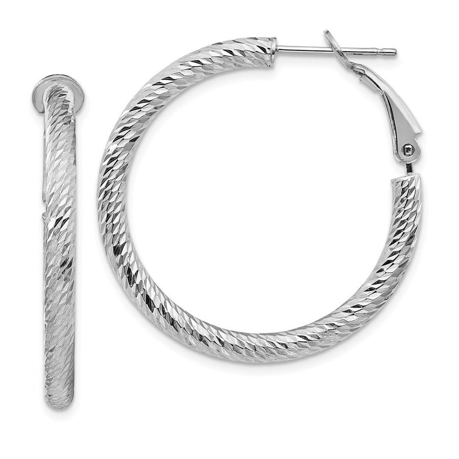 14k White Gold Diamond-cut Omega Back Hoop Earrings -: 14k White Gold Diamond-cut Omega Back Hoop Earrings - 3x25 mm Your winning item will match the quality of the product shown. Dates will be according to listing, may or may not vary.