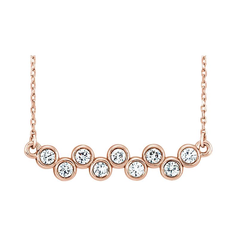 Natural 0.52 CTW Bezel Diamond Up Down Bar Necklace: Natural 0.52 CTW Bezel Diamond Up Down Bar Necklace 14KT Rose Gold Manufacturer's Suggested Retail Price: $ 2500.00 Center Stone Type: Diamond Center Stone QTY: 9 Center Stone CTW: 0.52 Center Stone C