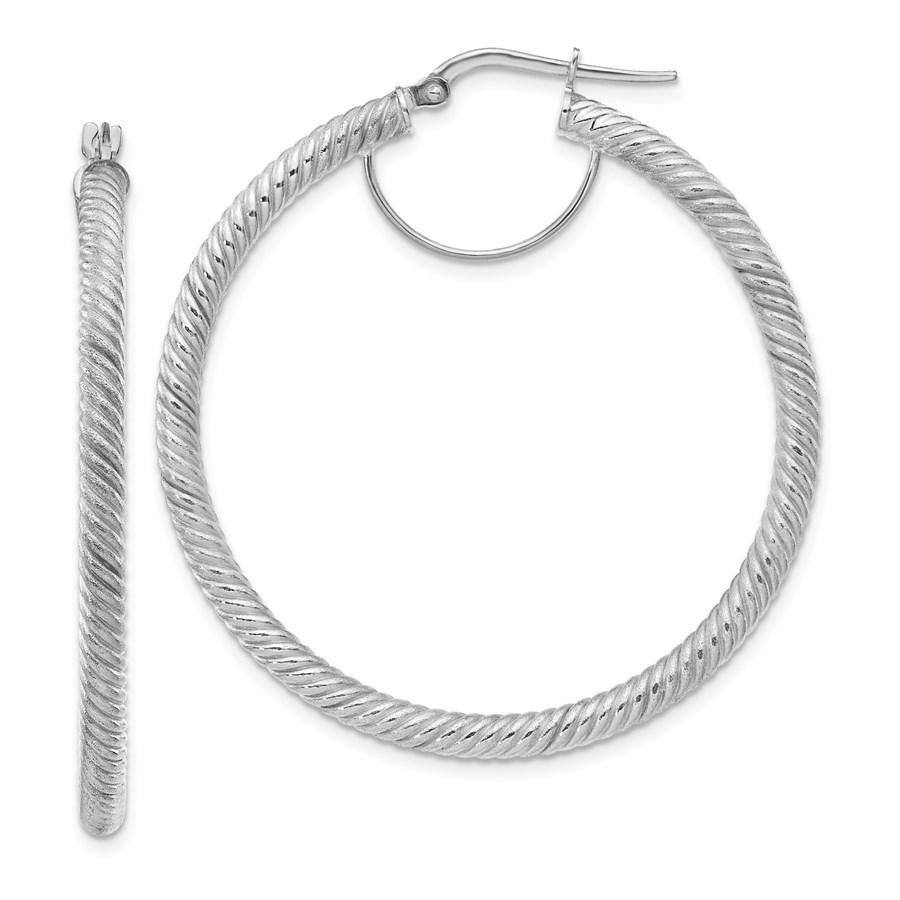 10k White Gold Twisted Round Omega Back Hoop Earrings -: 10k White Gold Twisted Round Omega Back Hoop Earrings - 3x35 mm Your winning item will match the quality of the product shown. Dates will be according to listing, may or may not vary.