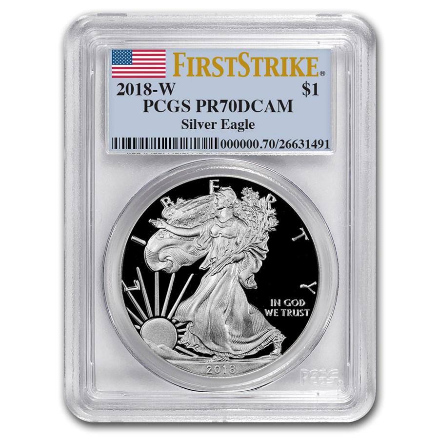 2018-W Proof Silver American Eagle PR-70 PCGS: 2018-W Proof Silver American Eagle PR-70 PCGS (FirstStrike®) Your winning item will match the quality of the product shown. Dates will be according to listing, may or may not vary.