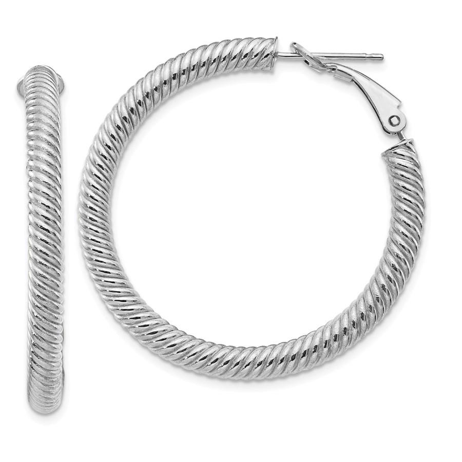 14k White Gold Twisted Round Omega Back Hoop Earrings -: 14k White Gold Twisted Round Omega Back Hoop Earrings - 30 mm Your winning item will match the quality of the product shown. Dates will be according to listing, may or may not vary.