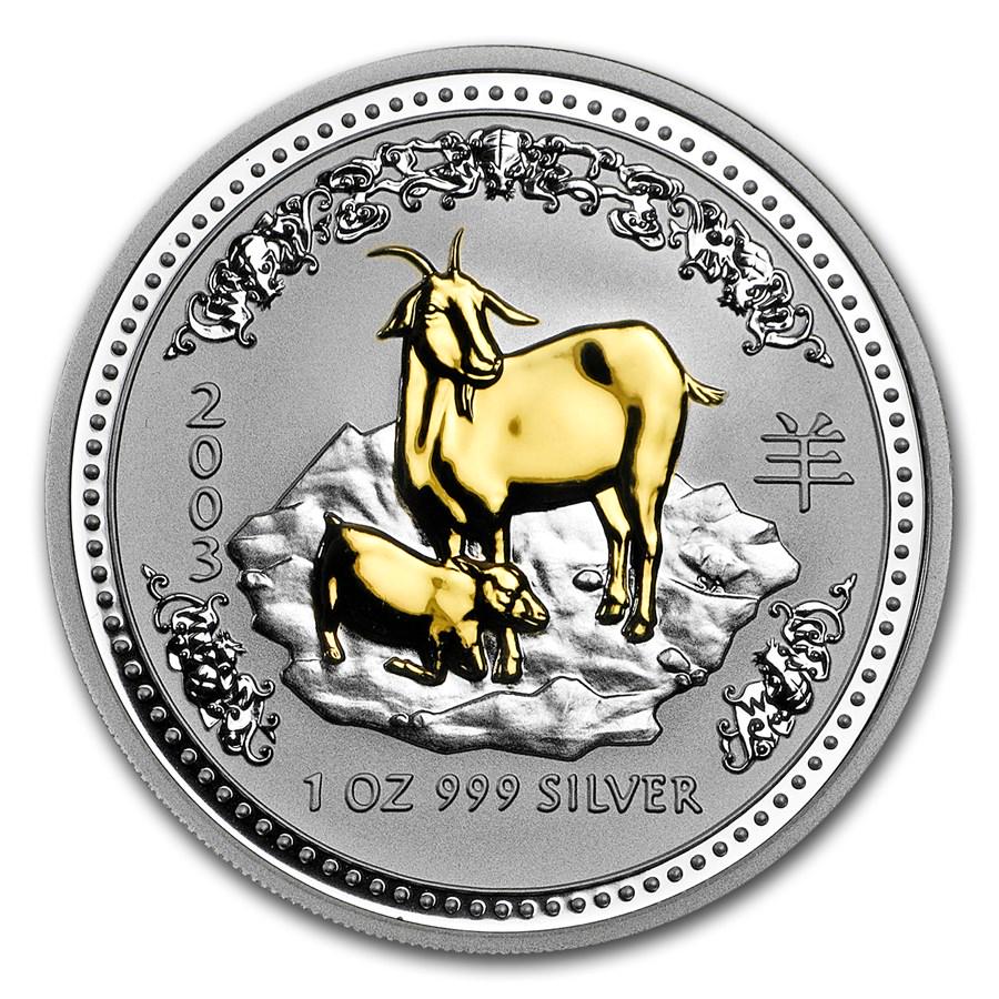 2003 Australia 1 oz Silver Goat BU (Series I, Gilded): 2003 Australia 1 oz Silver Goat BU (Series I, Gilded) Your winning item will match the quality of the product shown. Dates will be according to listing, may or may not vary.