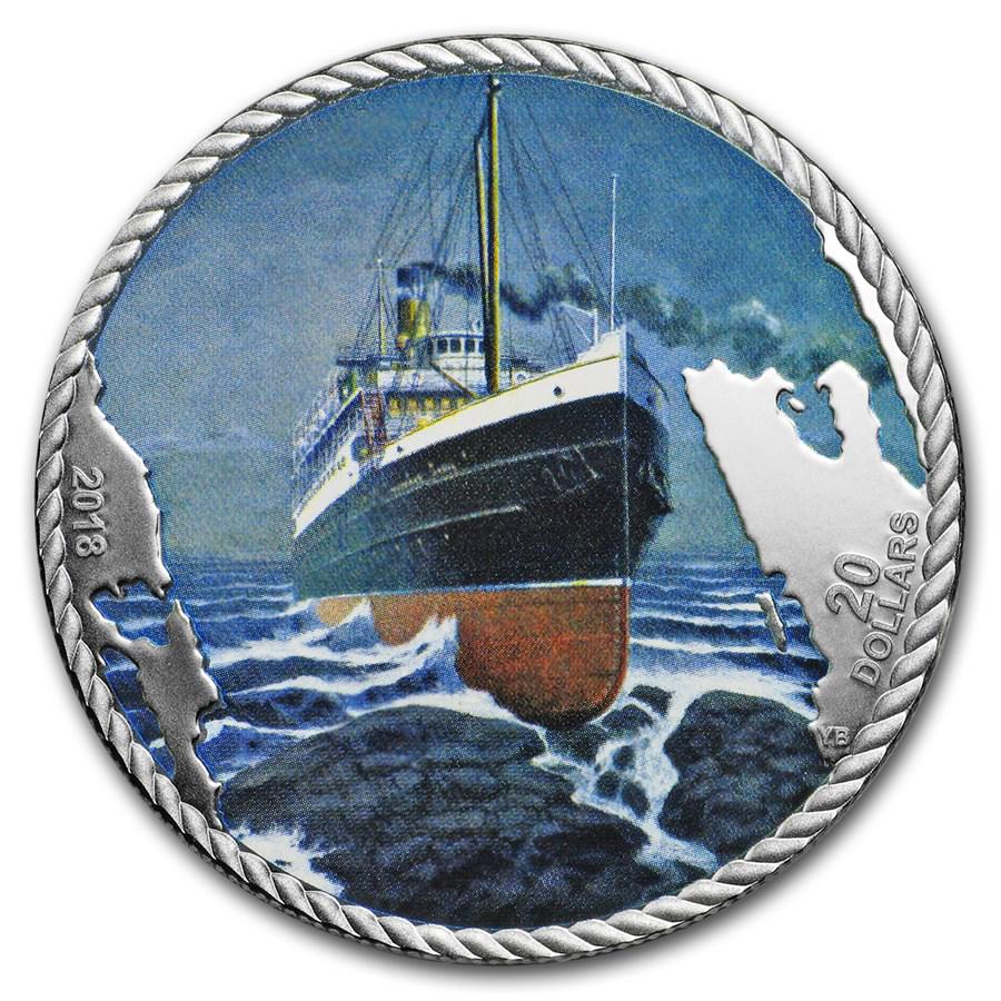2018 Canada 1 oz Silver $20 The Sinking of the SS: 2018 Canada 1 oz Silver $20 The Sinking of the SS Princess Sophia Your winning item will match the quality of the product shown. Dates will be according to listing, may or may not vary.