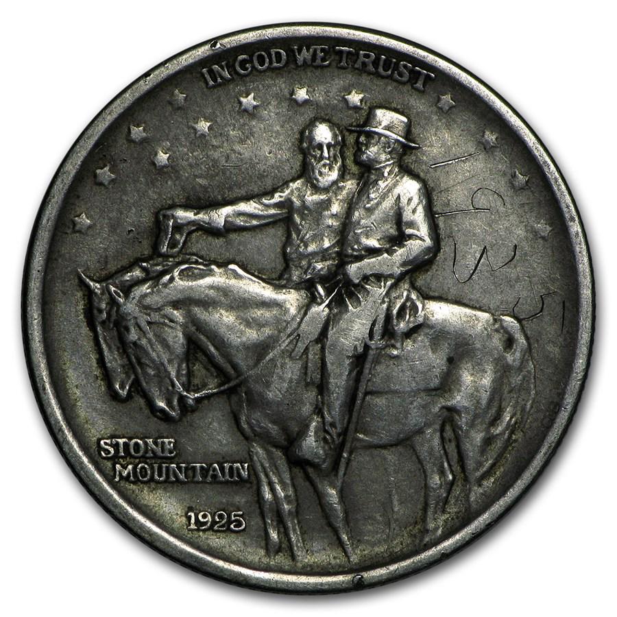 1925 Stone Mountain Commem Half (Low Grade/Cleaned): One piece 1925 Stone Mountain Commem Half (Low Grade/Cleaned) This commemorative half dollar was designed by Gutzon Borglum, who designed & carved Mount Rushmore. SKU: RB49309
