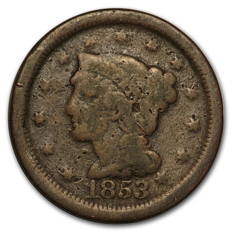 1853 Large Cent Good: One piece 1853 Large Cent Good 1853 Braided Hair Large Cent in Good condition. SKU: RB177495