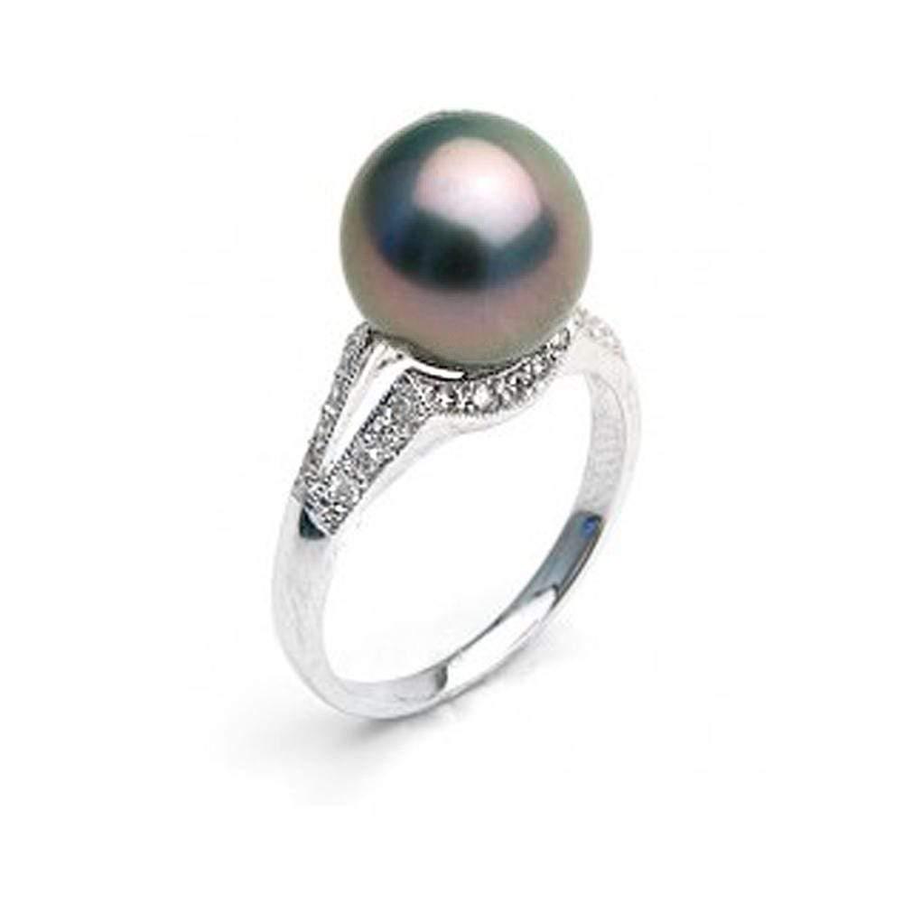 Black Tahitian Pearl and Diamond Victory Ring,: Black Tahitian Pearl and Diamond Victory Ring, 9.0-10.0mm, 18K Gold 8 / 18K White Gold