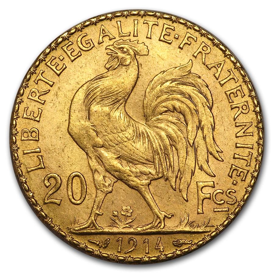 1914 France Gold 20 Francs Rooster BU: One piece 1914 France Gold 20 Francs Rooster BU French Gold 20 Franc Roosters were struck at the Paris Mint and are a popular bullion coin. These smaller Gold coins have long been ideal for the fracti