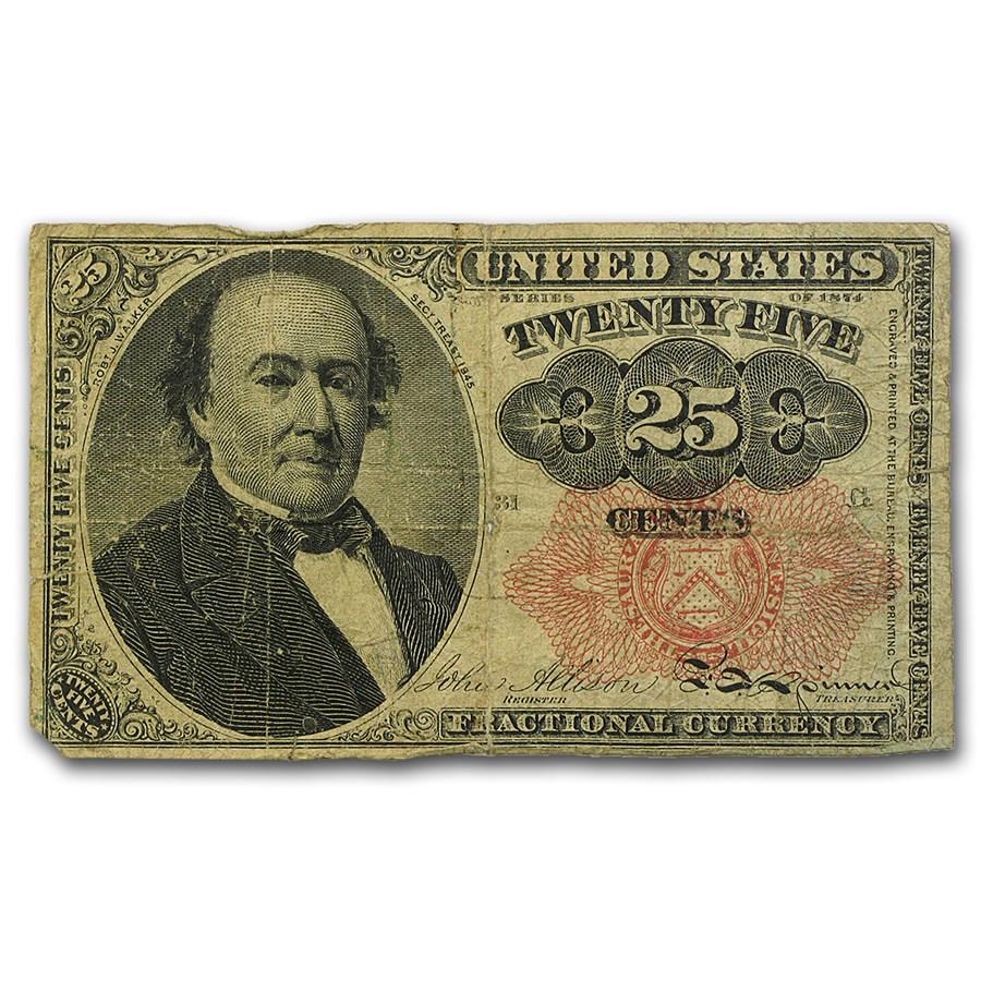 5th Issue Fractional Currency 25 Cents VG (Fr#1308): One piece 5th Issue Fractional Currency 25 Cents VG (Fr#1308) This nice 25 Cent Fractional Currency note bears a portrait of Robert J. Walker, Secretary of the Treasury. It is the variety with a red s