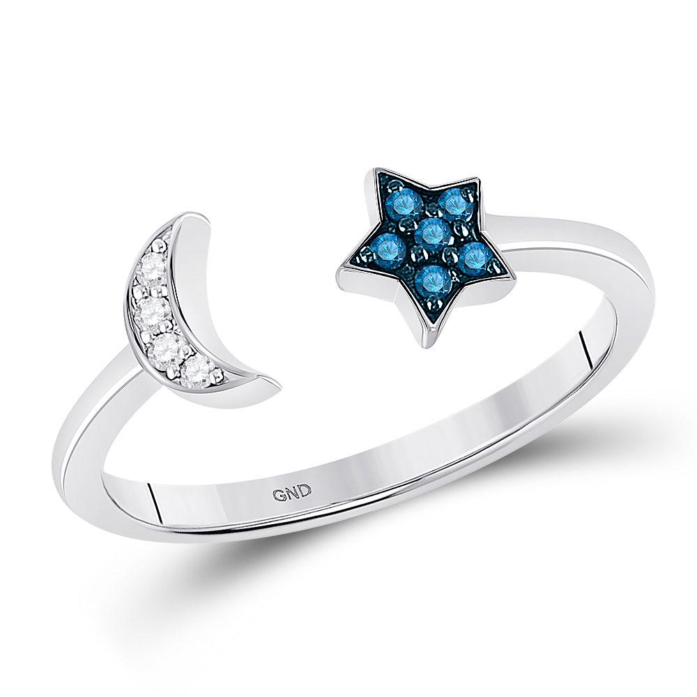 Blue Color Enhanced Diamond Moon Star Ring 1/10 Cttw: Sterling Silver Womens Round Blue Color Enhanced Diamond Moon Star Ring 1/10 Cttw SKU: GD110753