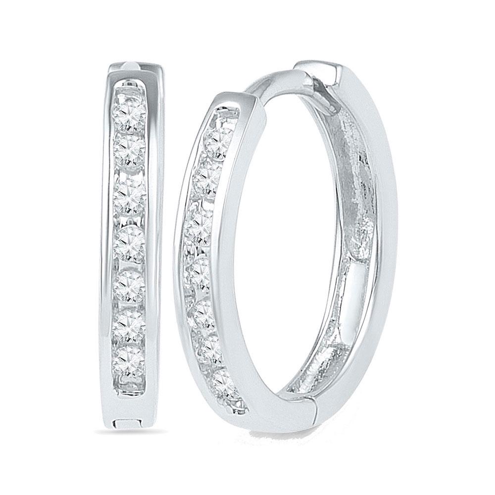 Channel-set Diamond Single Row Hoop Earrings 1/6 Cttw: 10kt White Gold Womens Round Channel-set Diamond Single Row Hoop Earrings 1/6 Cttw SKU: GD101764