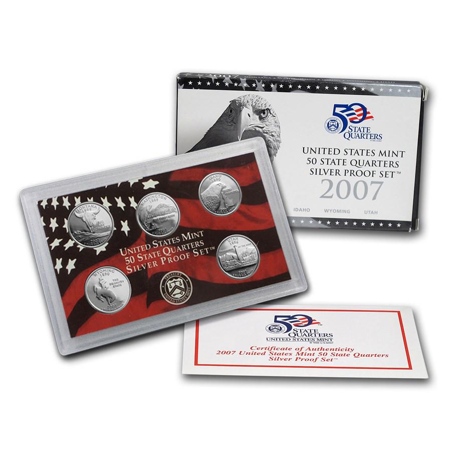 2007 50 State Quarters Proof Set (Silver): One piece 2007 50 State Quarters Proof Set (Silver) This 5-piece set includes all the 2007 Statehood Quarter releases - Montana, Wyoming, Washington, Utah and Idaho. All are minted in 90% Silver, in a