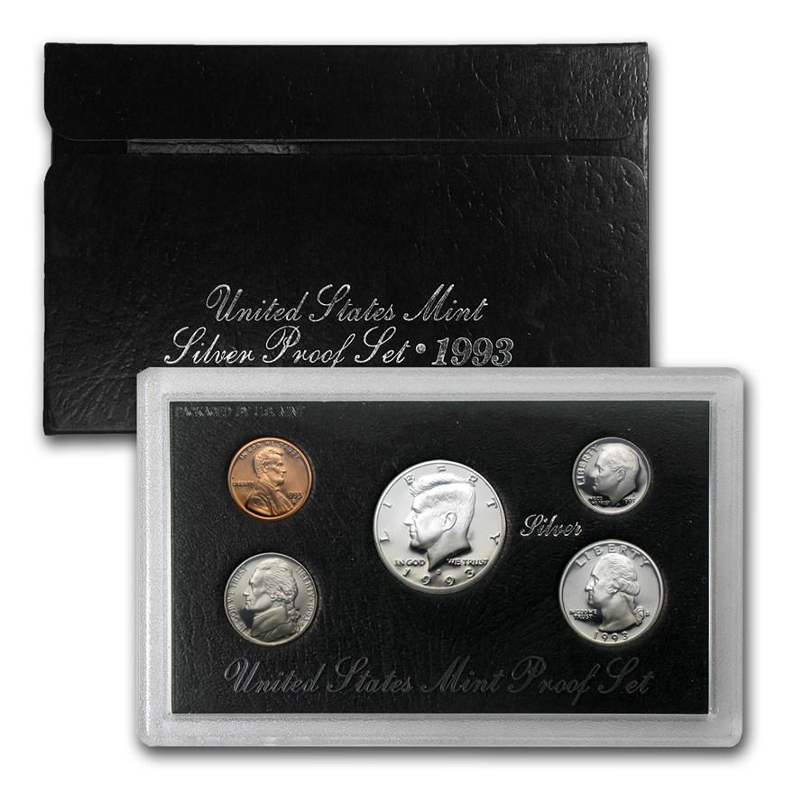 1993 Silver Proof Set: One piece 1993 Silver Proof Set This 1993 U.S. Proof Set includes 5 coins in original mint packaging, including a Kennedy half dollar, a Washington quarter and a Roosevelt dime struck in 90% Silver. S