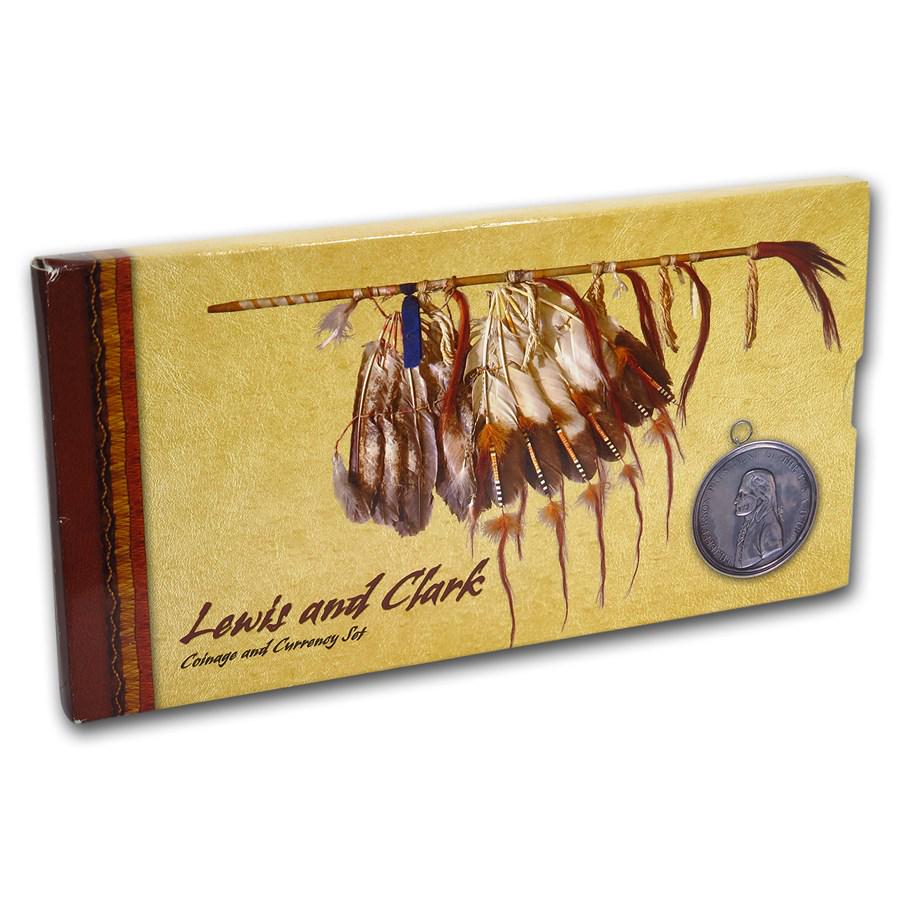 2004 Lewis & Clark Coin & Currency Set: One piece 2004 Lewis & Clark Coin & Currency Set Coin & Currency Set containing a Lewis and Clark Dollar, Jefferson Peace Medal, Peace Medal Jefferson nickel, Keelboat Jefferson nickel, Sacagawea Doll