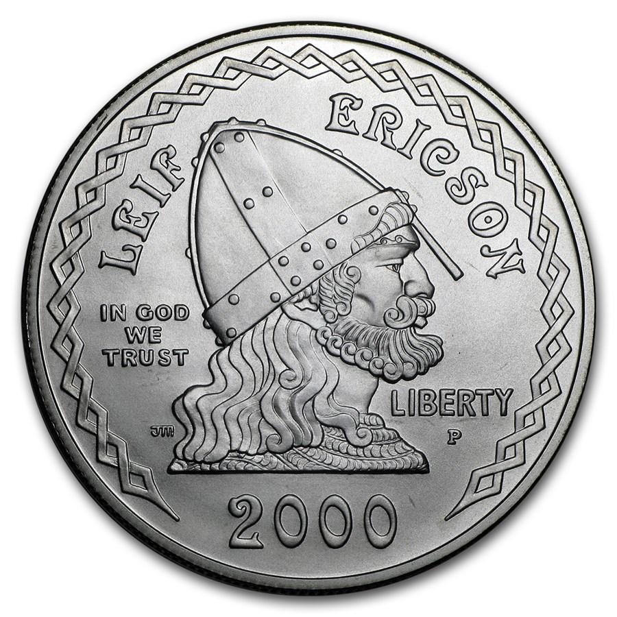 2000-P Leif Ericson $1 Silver Commem BU (w/Box & COA): One piece 2000-P Leif Ericson $1 Silver Commem BU (w/Box & COA) Commemorates the 1,000th anniversary of the voyage of Viking explorer Leif Ericson to the New World, approximately in the year 1000. SKU