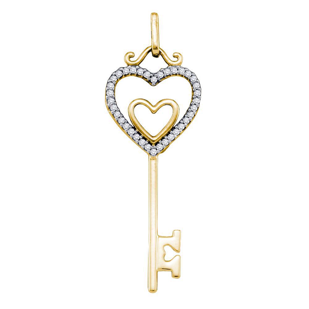 Diamond Heart Key Pendant 1/10 Cttw 10kt Yellow Gold: 10kt Yellow Gold Womens Round Diamond Heart Key Pendant 1/10 Cttw SKU: GD64593