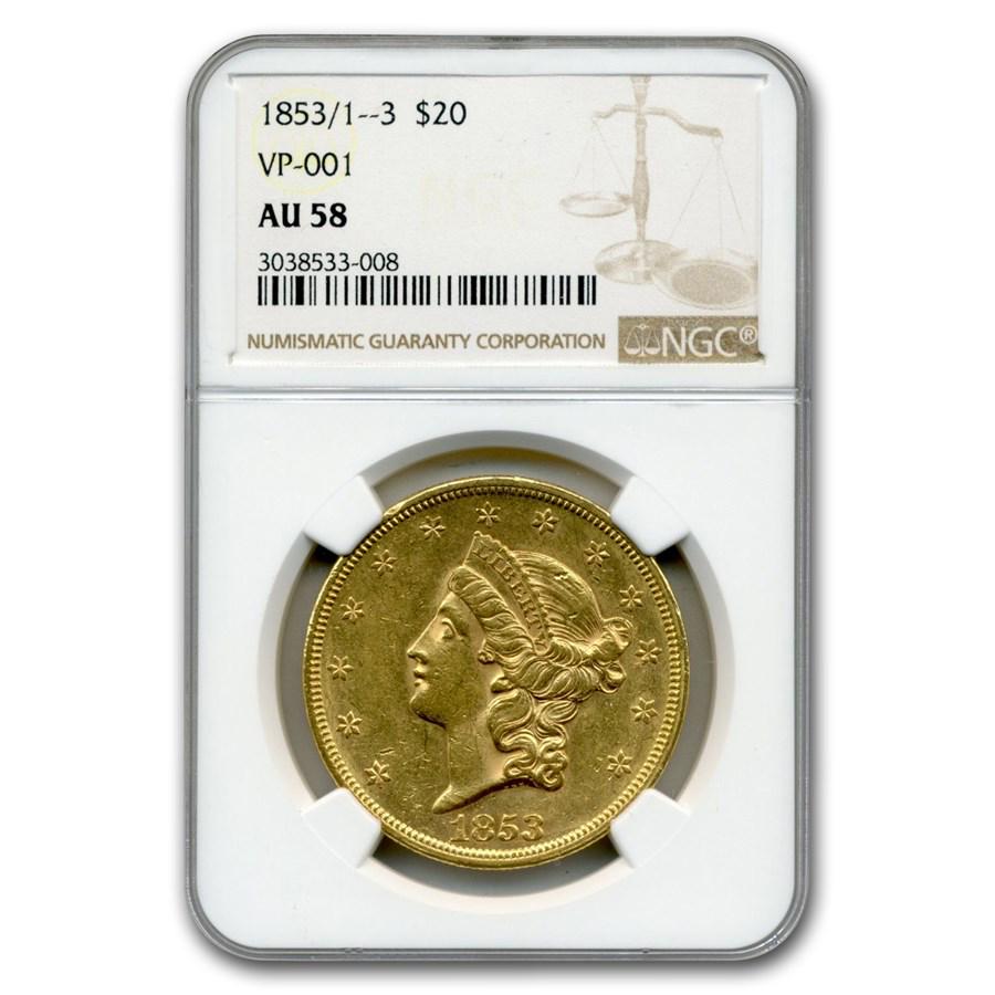 1853/1--3 $20 Liberty Gold Double Eagle AU-58 NGC: One piece 1853/1--3 $20 Liberty Gold Double Eagle AU-58 NGC (VP-001) This 1853/1--3 $20 Liberty Gold Double Eagle (VP-001) has been certified as AU-58 by NGC, one of the top two coin grading services.
