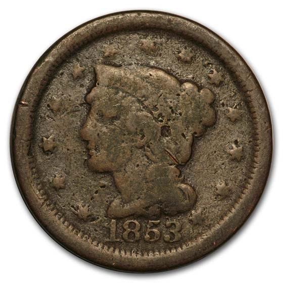 1853 Large Cent Good: One piece 1853 Large Cent Good 1853 Braided Hair Large Cent in Good condition. SKU: RB177495