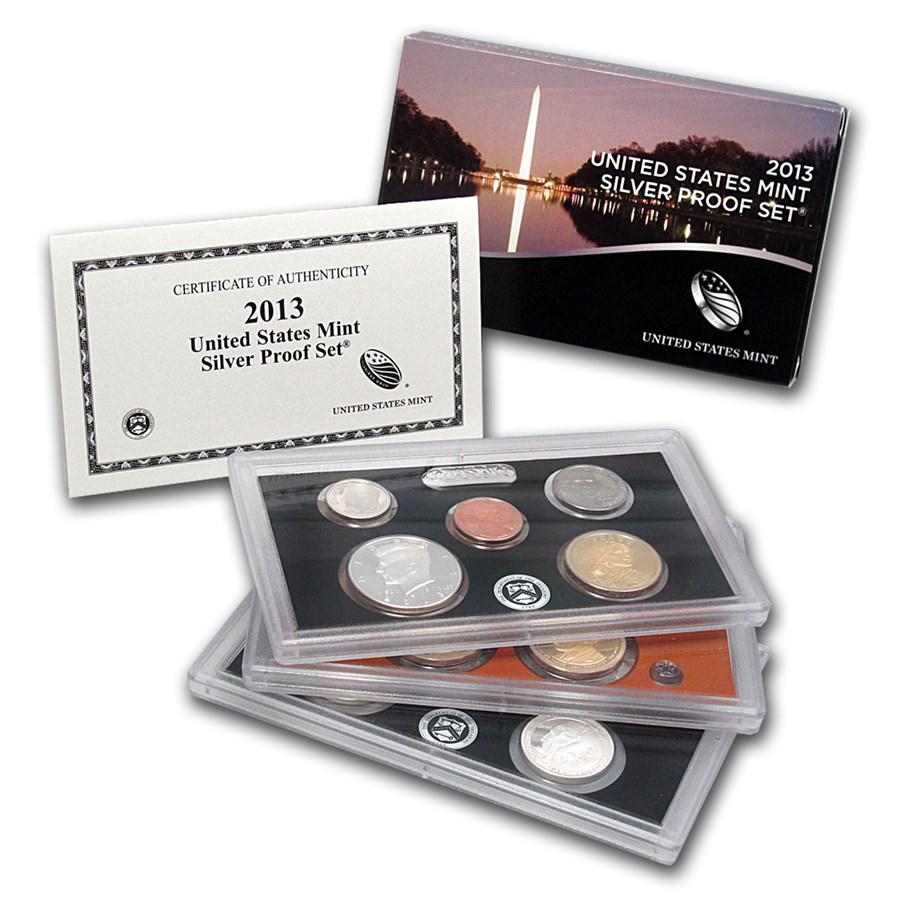 2013 Silver Proof Set: One piece 2013 Silver Proof Set This 14-piece set includes a half dollar, dime, nickel, and cent, five America the Beautiful quarters, and four Presidential dollars all in beautiful proof finish. The 