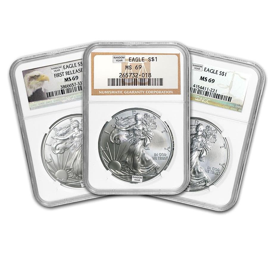 1986-Current American Silver Eagle MS-69 NGC (Random: One piece 1986-Current American Silver Eagle MS-69 NGC (Random Year) These near perfect Mint State-69 random date Silver American Eagles appeal to collectors and investors alike for their beauty and p