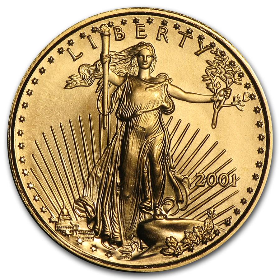 2001 1/10 oz American Gold Eagle BU: One piece 2001 1/10 oz American Gold Eagle BU The classic American Eagle design is perfect for collectors and investors alike. With historically low mintages, fractional Gold Eagles provide collectibi