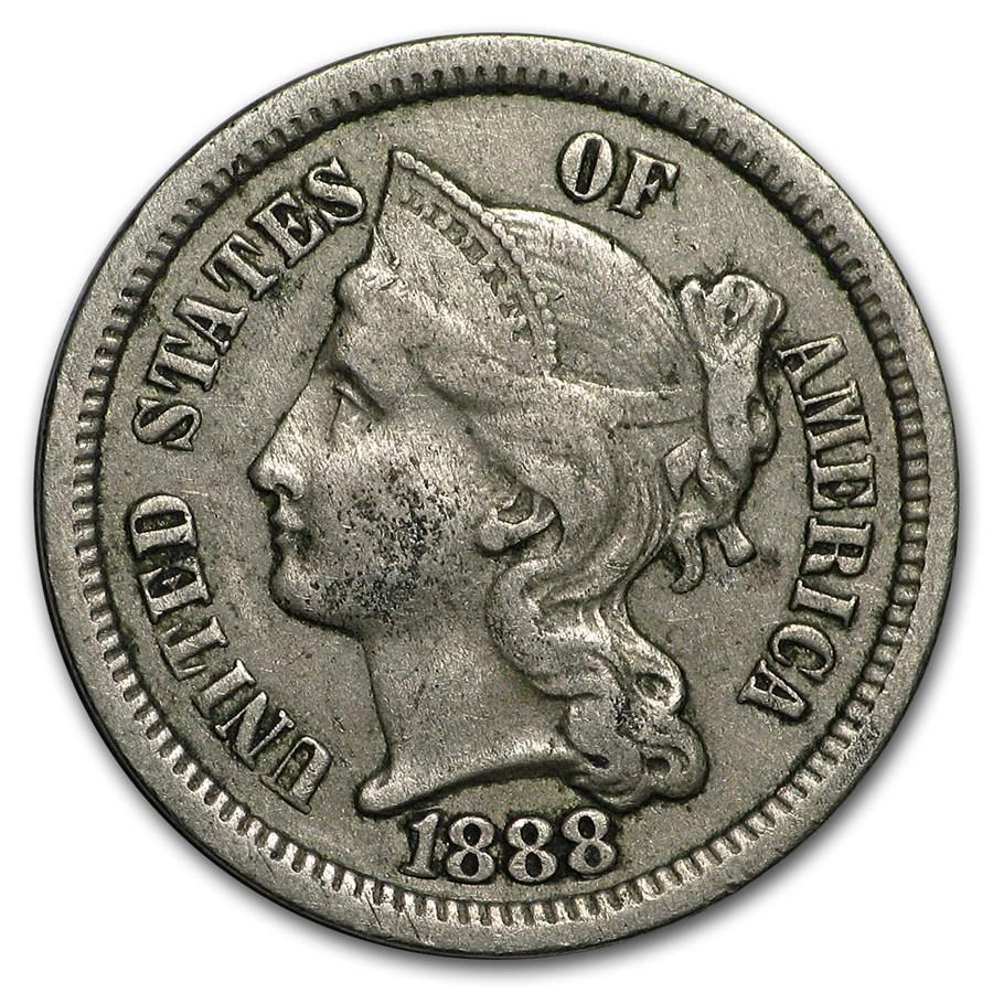 1888 3 Cent Nickel VF: One piece 1888 3 Cent Nickel VF This better date, odd denomination coin would be perfect for expanding a numismatic collection to include this unique denomination. SKU: RB27067