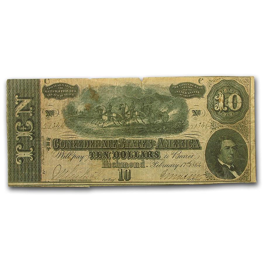 1864 $10 (T-68) Horses Pulling Cannon VG-VF: One piece 1864 $10 (T-68) Horses Pulling Cannon VG-VF These $10 CSA notes are nice 1864 examples of Civil War era paper money that was printed under the authority of the Confederate States government.