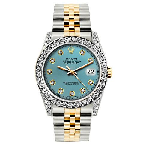 Rolex Datejust Diamond Watch, 26mm, Yellow Gold and: Condition: Pre-Owned Model: Datejust Movement: Original Rolex Automatic Movement Bezel: Aftermarket Diamond Bezel set with 1.2CT diamonds Dial: Ice Blue Aftermarket diamond dial Case Size: 26mm <br