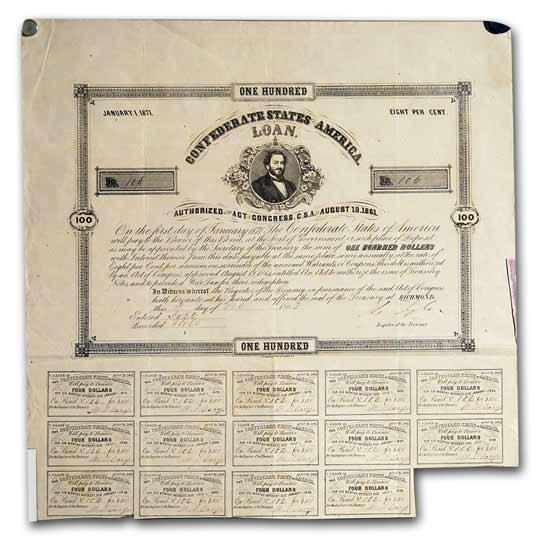 1861 $100 CSA Bond 8%/ 10 yr Judah Benjamin/Tyler: 1861 $100 CSA Bond 8%/ 10 yr Judah Benjamin/Tyler (CR-31) VF SKU: RBJ51843 Year: 1861 Grade: Very Fine Grade Service: None Denomination: $100 Mint Mark: N/A - Not Available Metal Conten