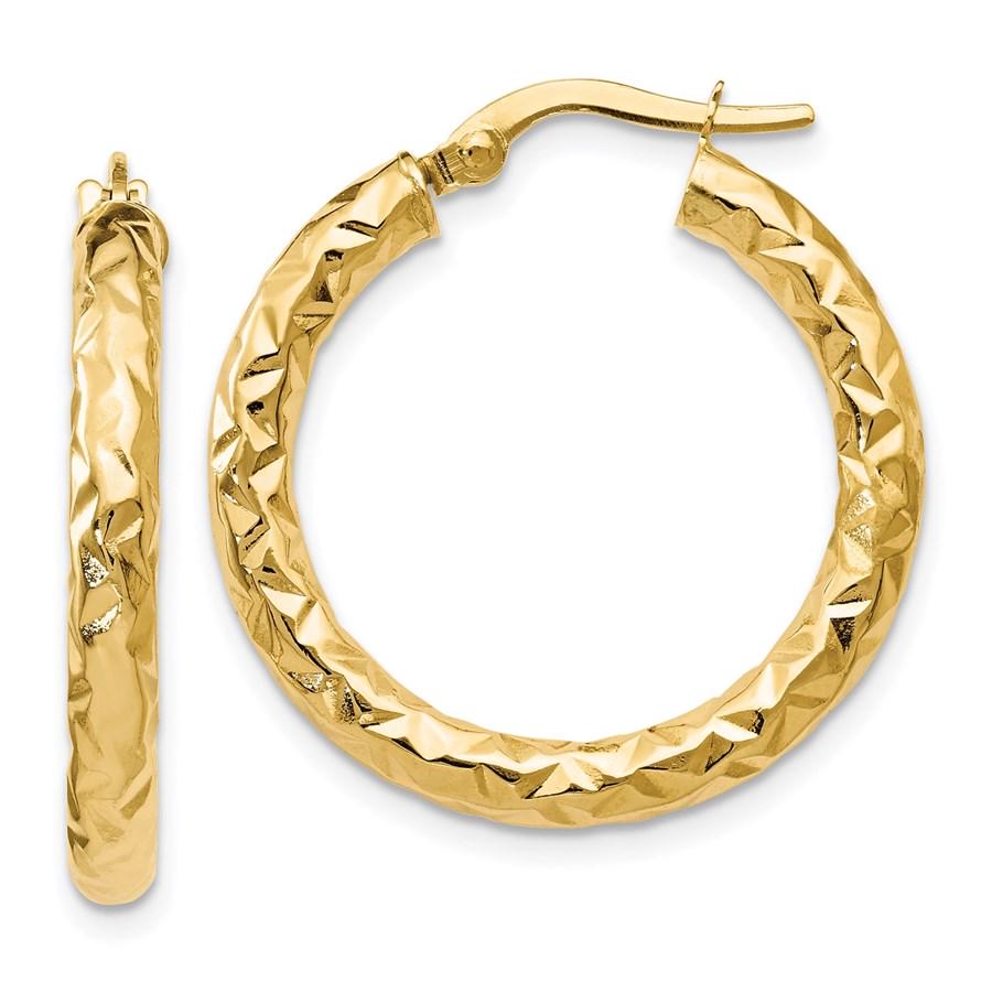 14K ForeverLite Polished and Textured Hoop Earrings -: SKU: RBJ222943 Metal: Gold Purity: 14K Finish: Polished Length Of Item: 25 mm Earring Closure: Wire & Clutch Earring Type: Hoop