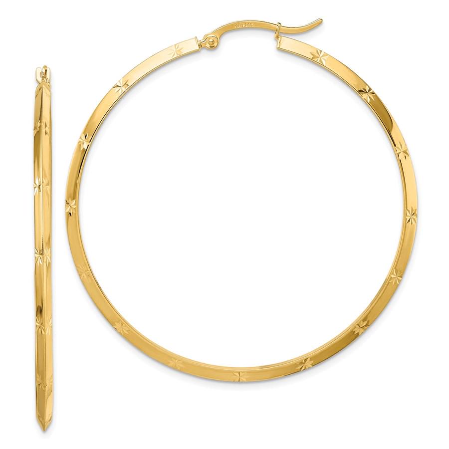 14k Yellow Gold Polished Diamond-Cut Hoop Earrings - 50: SKU: RBJ184609 Metal: Gold Purity: 14K Finish: Polished Earring Closure: Wire & Clutch Earring Type: Hoop