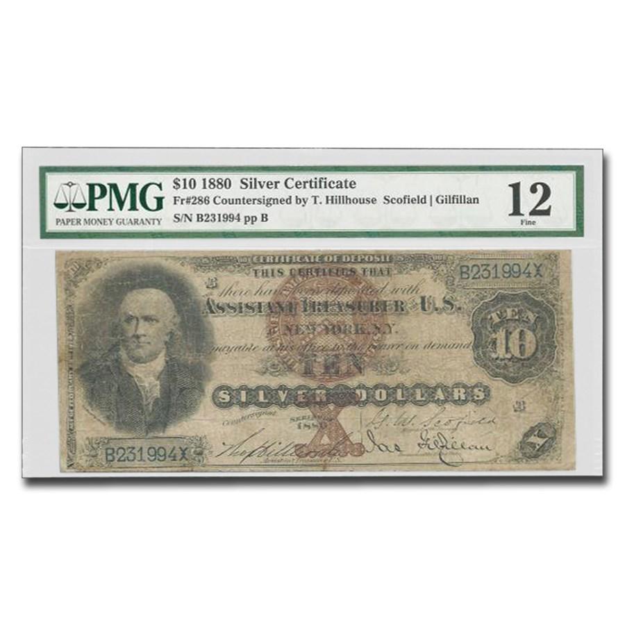 1880 $10 Silver Cert. Robert Morris F-12 PMG (Fr#286): SKU: RBJ213110 Year: 1880 Grade: Fine - 12 Grade Service: PMG Denomination: $10.00 Mint Mark: N/A - Not Available Metal Content: 0 troy oz Purity: N/A This Large Size Silver Certif