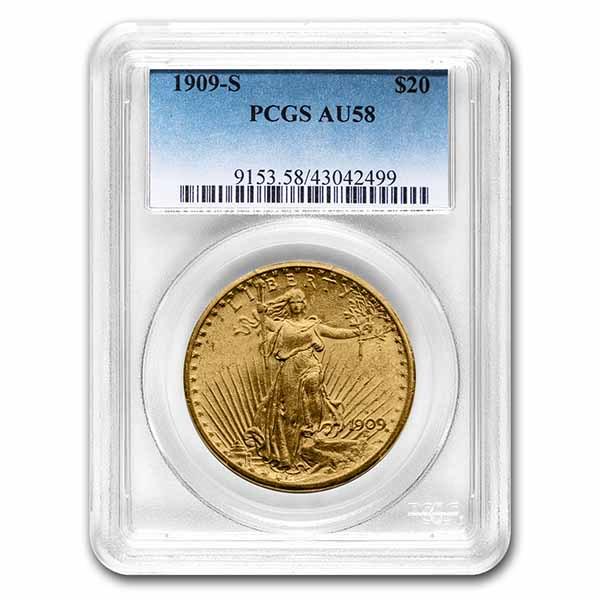 1909-S $20 Saint-Gaudens Gold Double Eagle AU-58 PCGS: SKU: RBJ213822 Year: 1909 Grade Service: PCGS Denomination: 20 Dollars Metal Content: 0.9675 troy oz Purity: .900 Diameter: 34 mm This 1909-S $20 Saint-Gaudens Gold Double Eagle has been ce